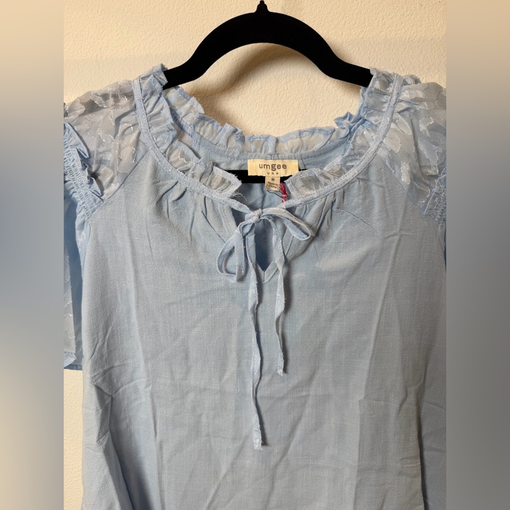 NWT Umgee Misty Blue Linen Mix Boho Fairycore M Ethereal Burnout Sleeve Top - Picture 5 of 10